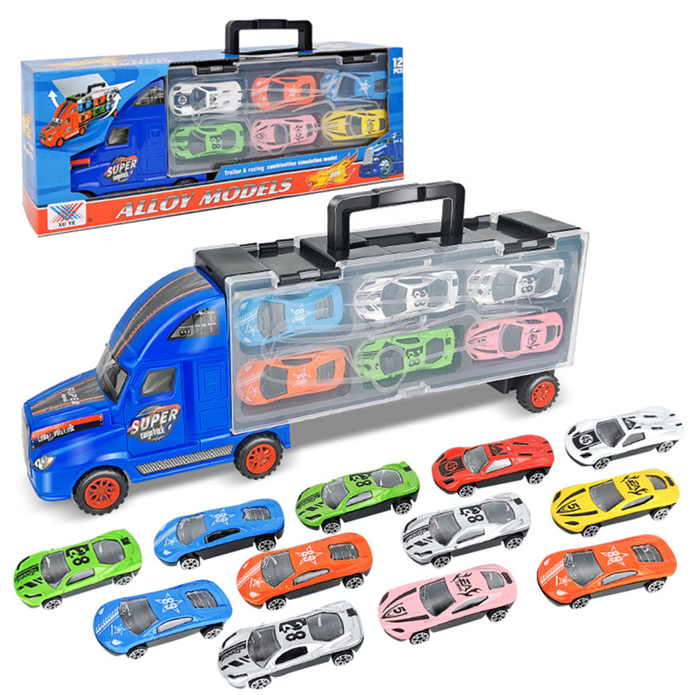 Three-layer Deformed Big Construction Trucks Set Container Truck Transporter Vehicle Small Car Model Kit Birthday Gifts For Boys Blue style - with 12