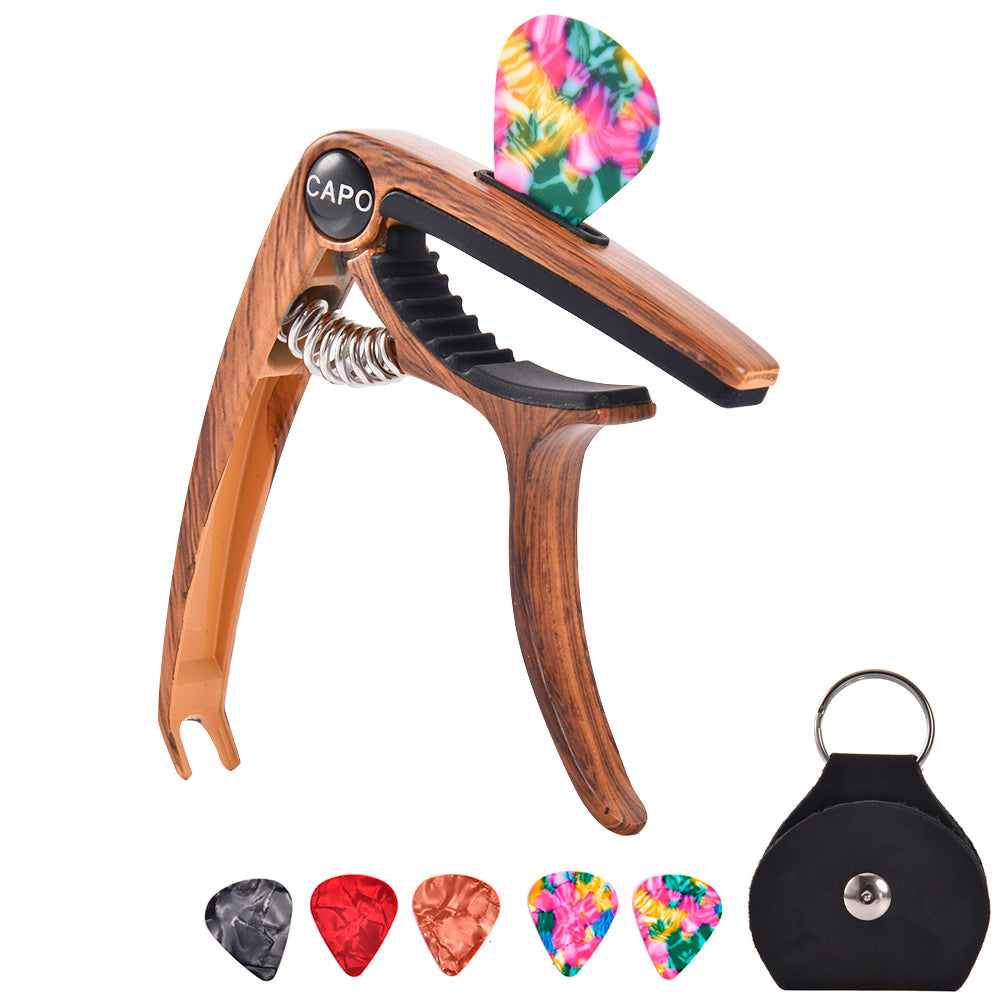 Guitar Capo for Acoustic and Electric Guitars Bass Ukulele Mandolin Banjo with Picks and Picks Holder Wood grain