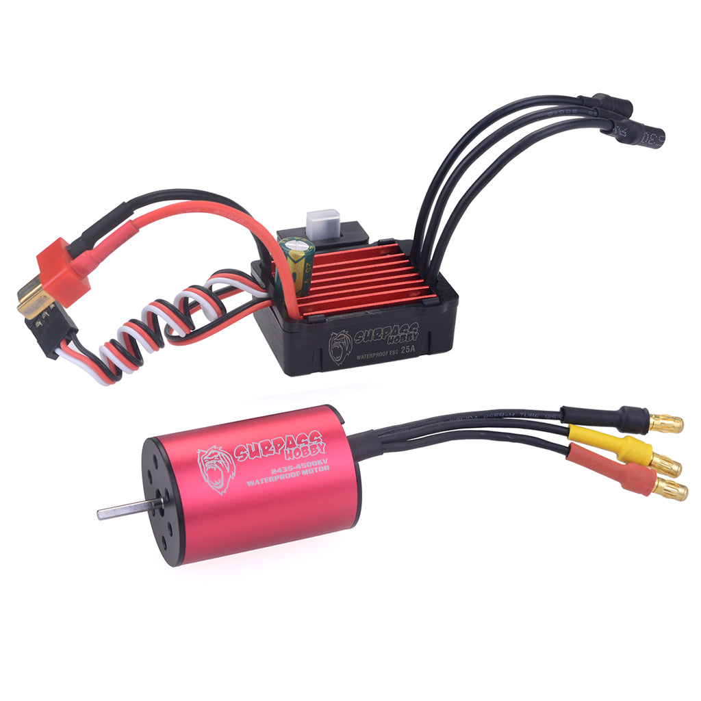 Surpass Hobby 2435 4500kv Brushless Motor + 25A Brushless Speed Controller ESC Waterproof 2S for 1/16 RC Car red