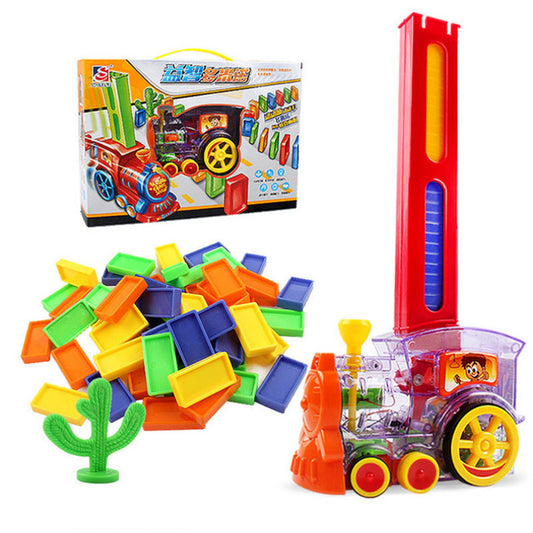 Domino Train Toy Set Rally Electric Train Model with 60 Pcs Colorful Domino Game Building Blocks Car Truck Vehicle Stacking 60pcs