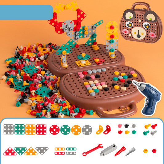 Children Electric Drill Screw Assembly Toolbox Disassembly Nut Diy Construction Engineering Building Block Games Educational Toys Cartoon bear electric drill