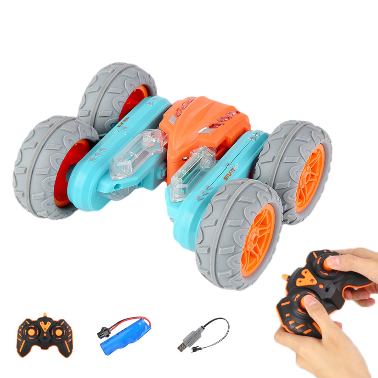 Remote Control Stunt Car Double-Sided 360° Rotating Tumbling Twisting Car With Light Music 2.4G Rechargeable RC Car For Boys Gifts orange