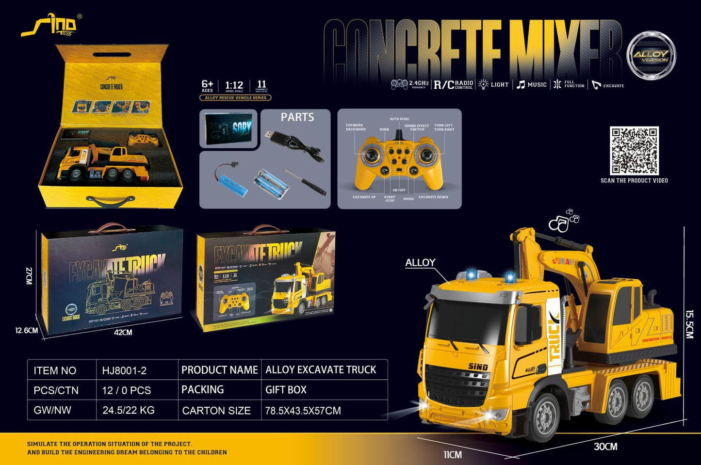 1: 12 2.4G RC Excavator Crane Car Models Alloy Engineering Vehicle with Music Light