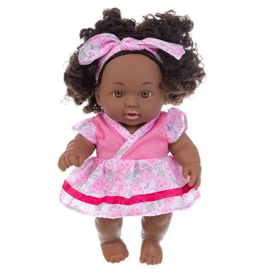 8 Inch Simulation Doll Toy Washable Realistic Soft Vinyl African Doll With Jumpsuit Dress For Birthday Gifts pink embossed dress doll+clothes