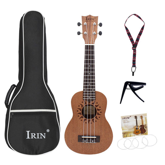 21inch Ukulele Sapele Wood Flower Sound Hole 15 Fret Four Strings Guitar+Bag+String+Capo+Strap  Wood color
