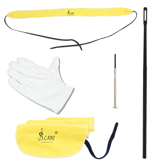 5pcs/lot Flute Cleaning Tools Care Suit Tube Cloth Rod Screwdriver Gloves Kit yellow