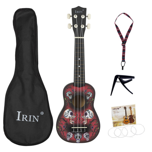 21inch Ukulele Cool Skull Pattern Basswood Ukelele 4 Strings Instrument with Bag+Strap+String+Capo for Music Lover  Skull pattern