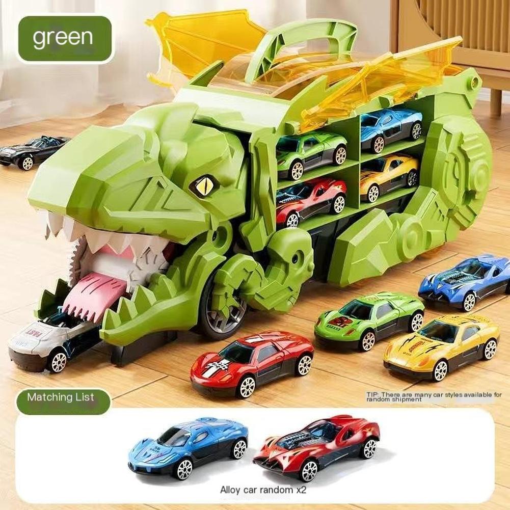 Transformed Dinosaur Car With Alloy Car Unique Tyrannosaurus Rex Track Car Toys For Boys Girls Birthdays Gifts Green dinosaur + 2 alloy cars