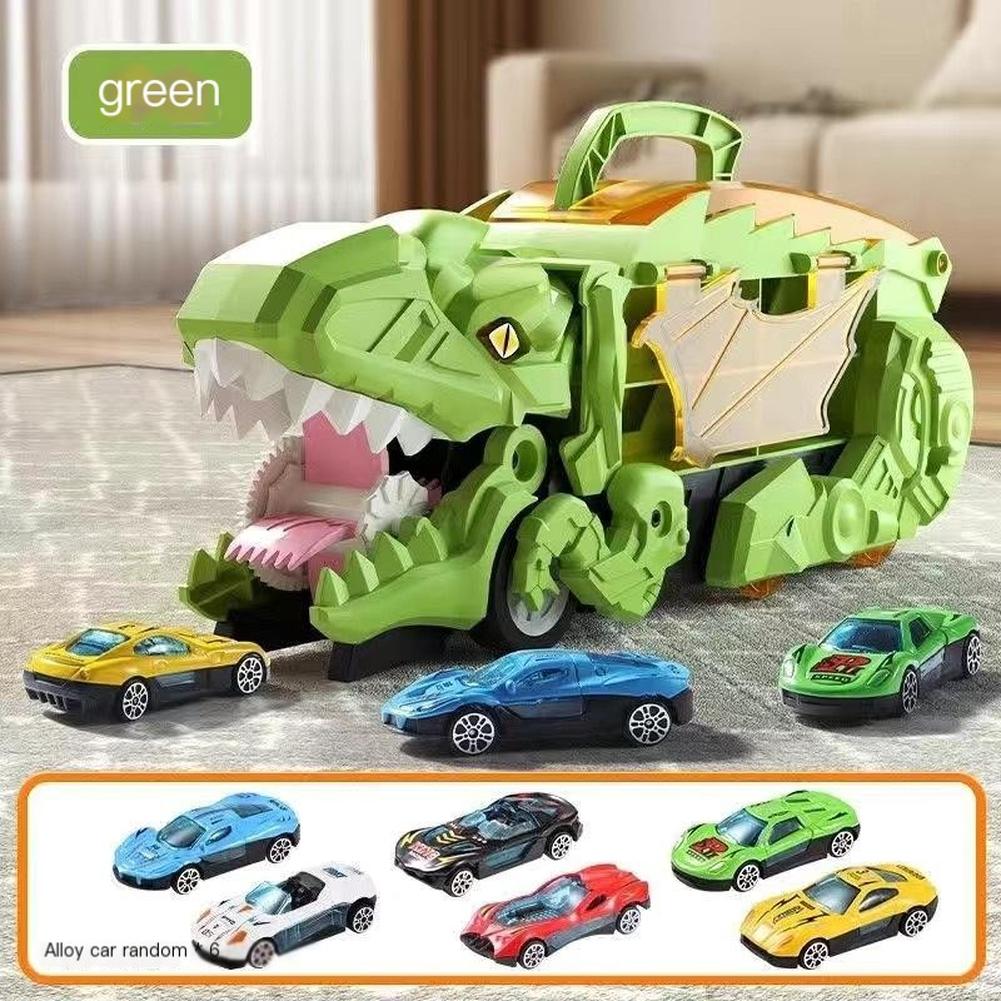 Transformed Dinosaur Car With Alloy Car Unique Tyrannosaurus Rex Track Car Toys For Boys Girls Birthdays Gifts Green dinosaur + 6 alloy cars