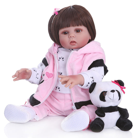 48Cm Simulate Silicone Doll Baby Straight/Curly Hair Realistic Reborn Toddler Doll Baby Bath Toy Straight hair