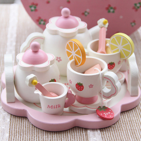 Kids Simulate Wooden Strawberry Afternoon Tea Play House Tea Set Educational Toys