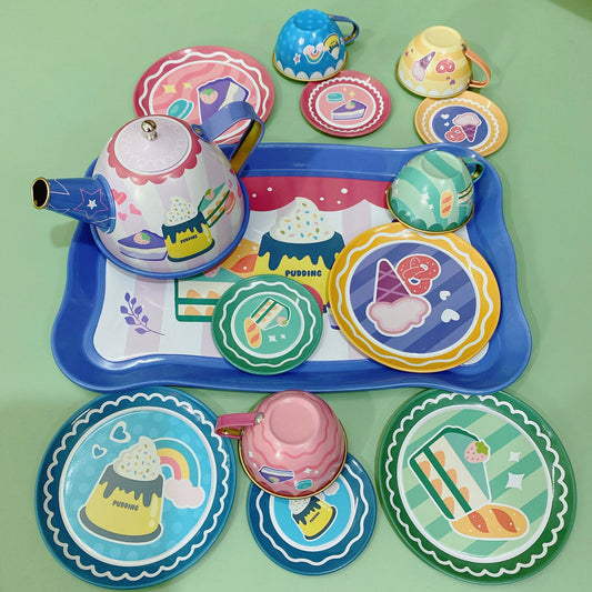 14pcs Tea Party Set For Little Girls Kitchen Utensils Tableware Metal Princess Tea Party Set Pretend Play Toys