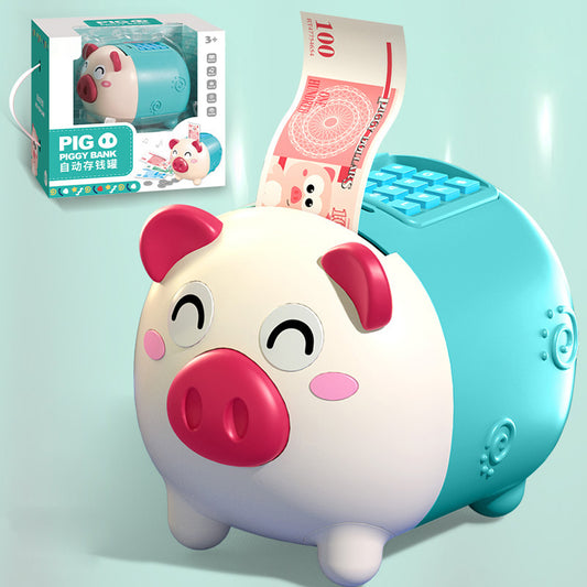Electric Cartoon Piggy Bank Cute Pig Large Capacity Password Automatic Safe Toys For Children Gifts Ornament blue